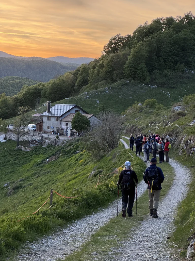 Gruppo in cammino al tramonto verso il punto di osservazione